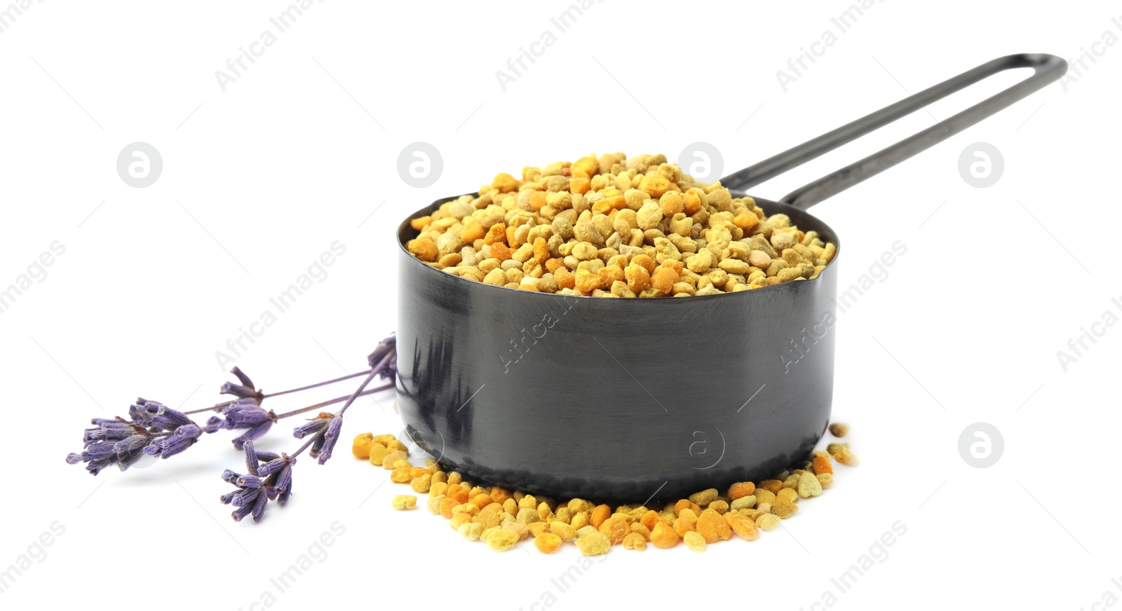 Photo of Fresh bee pollen granules in scoop and lavender isolated on white