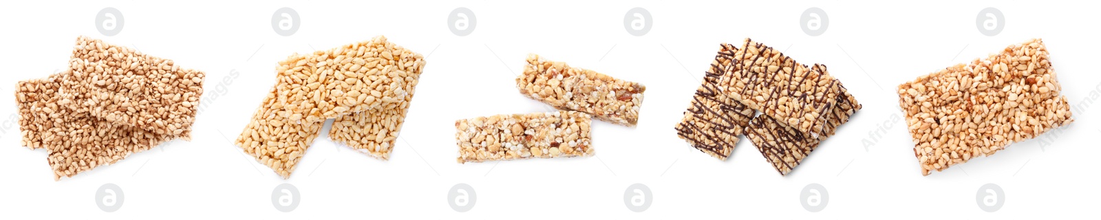 Image of Set of delicious rice crispy treats on white background, top view. Banner design