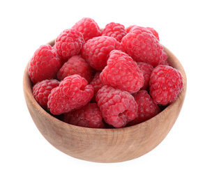 Photo of Delicious fresh ripe raspberries in wooden bowl isolated on white