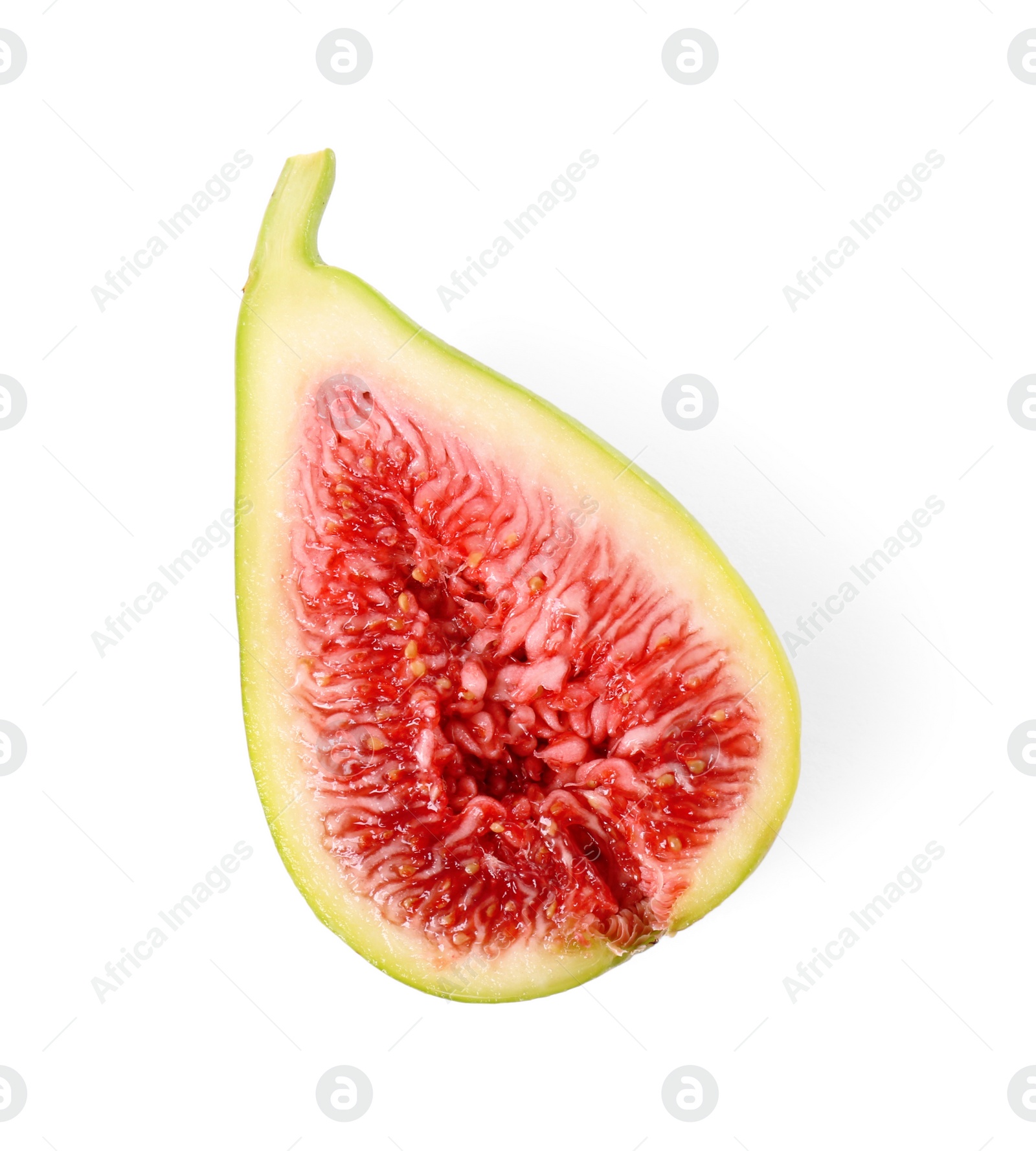 Photo of Half of fresh green fig isolated on white, top view