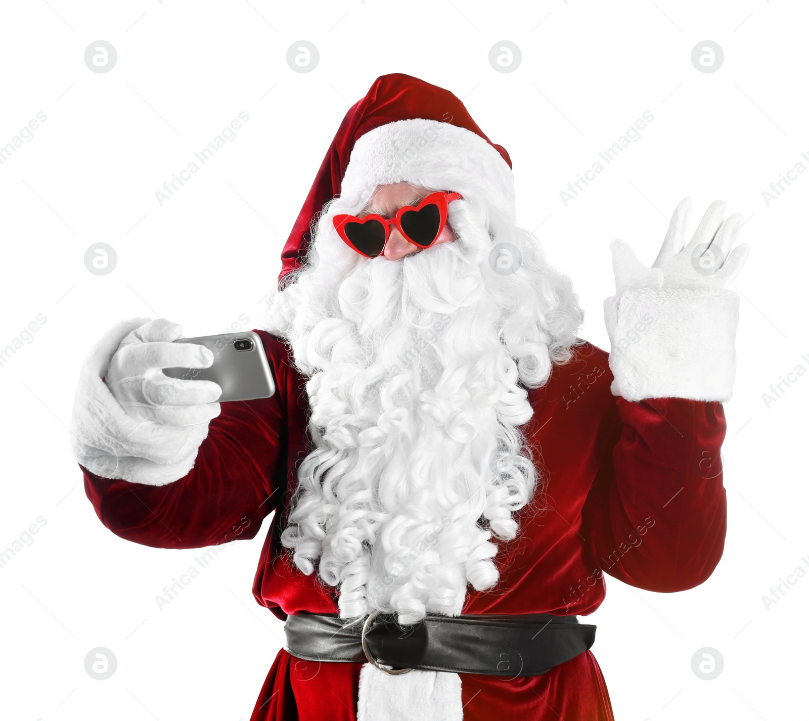 Photo of Authentic Santa Claus taking selfie on white background