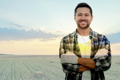 Double exposure of happy farmer and agricultural field. Space for text