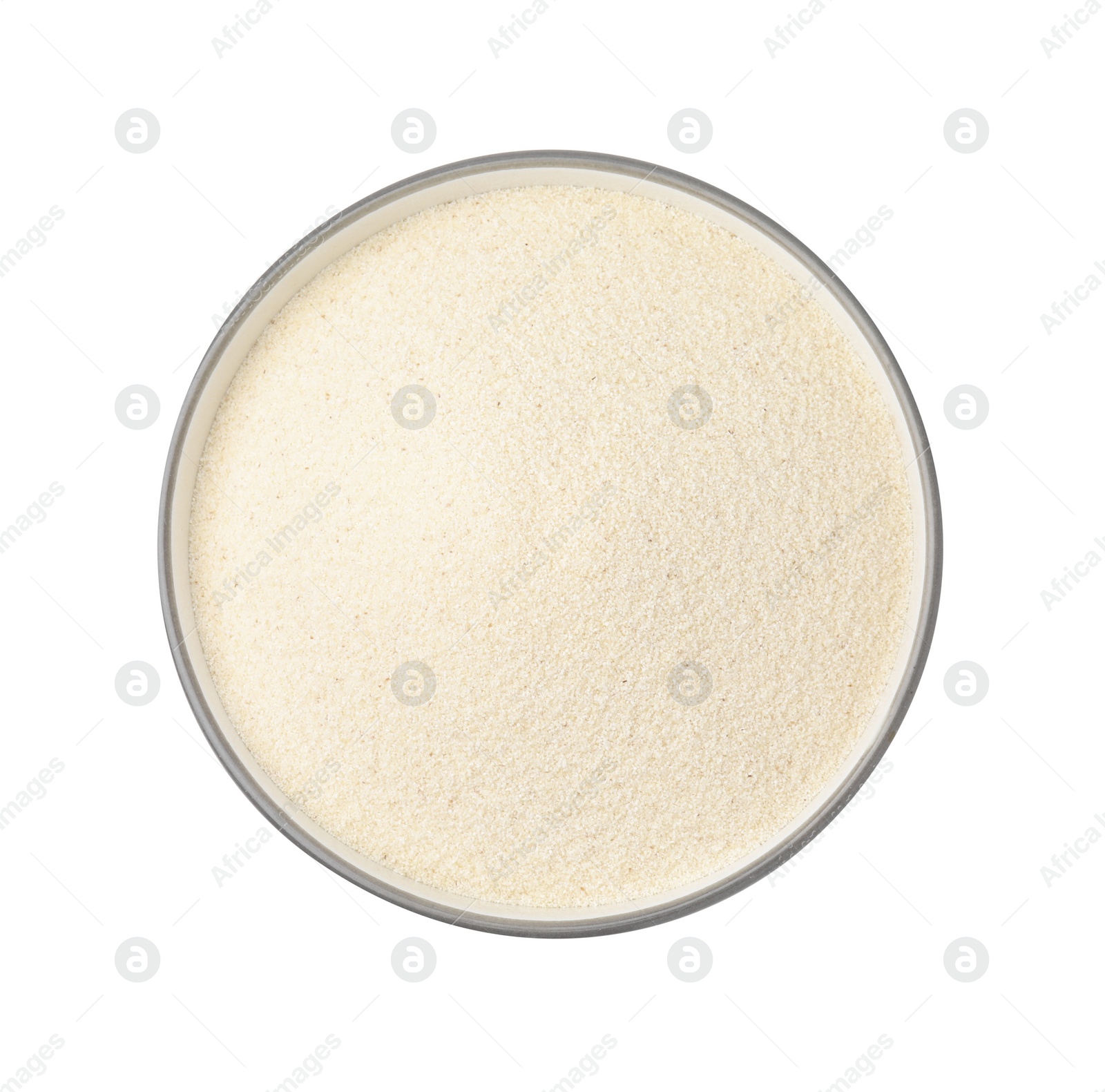 Photo of Bowl of uncooked organic semolina isolated on white, top view