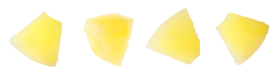 Image of Canned pineapple pieces flying on white background, banner design 