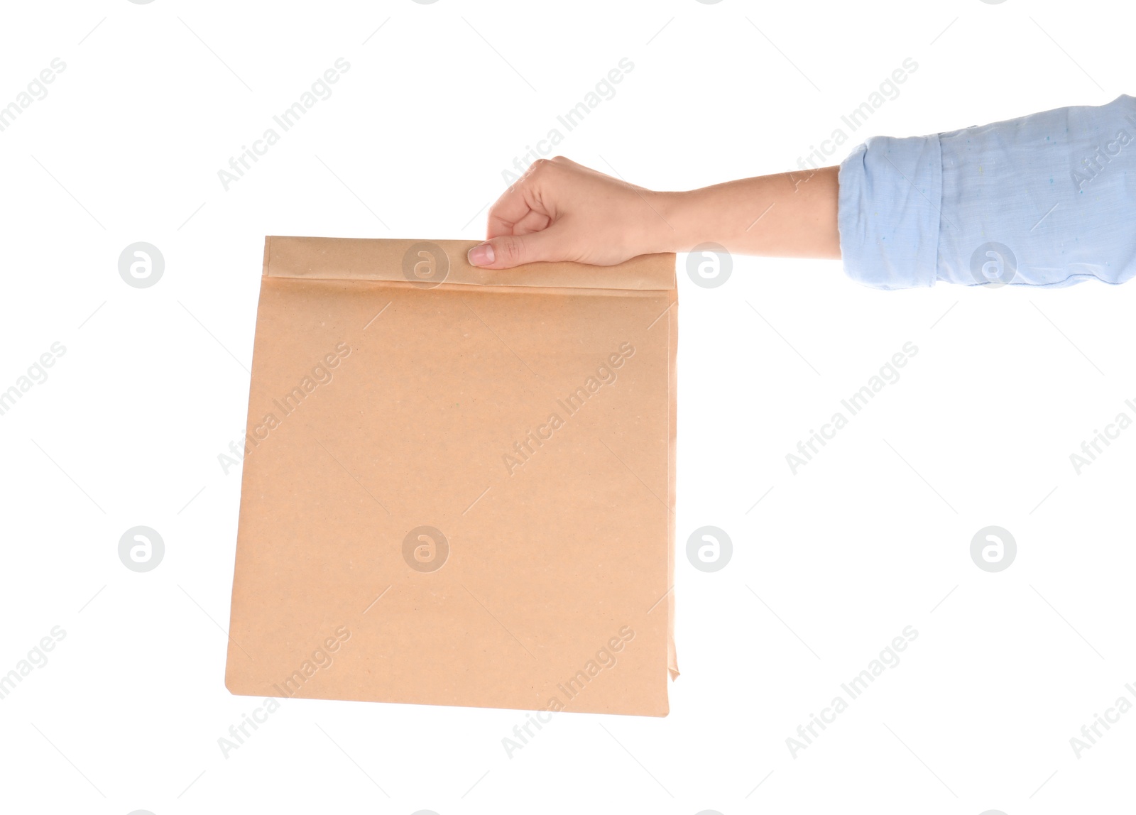 Photo of Woman holding paper bag isolated on white. Mockup for design