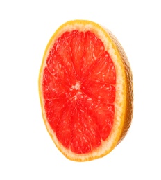 Photo of Slice of ripe juicy grapefruit on white background