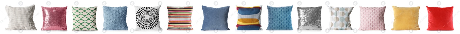 Image of Set with different stylish decorative pillows on white background. Banner design