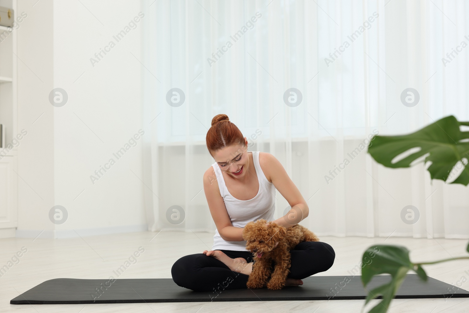 Photo of Young woman practicing yoga on mat with her cute dog indoors