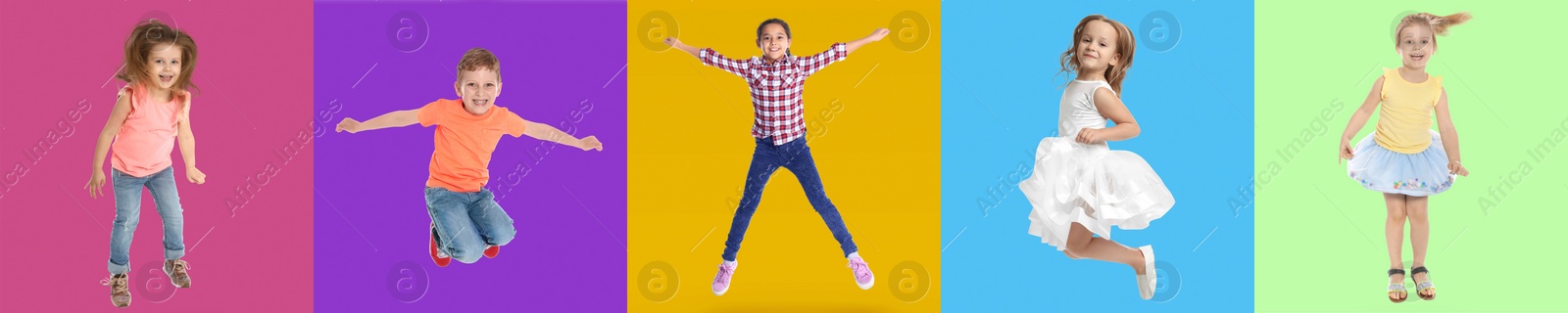 Image of Group of children jumping on color backgrounds, set of photos