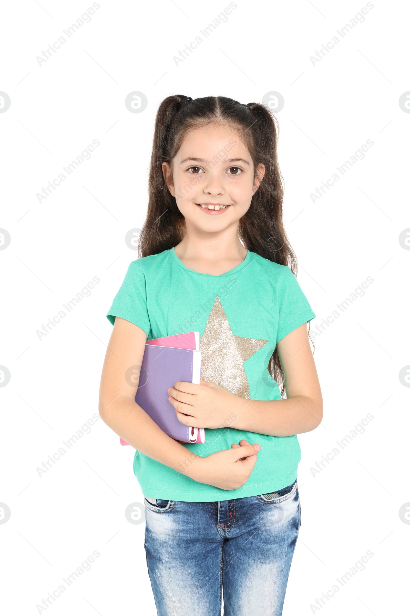 Photo of Little child with school supplies on white background