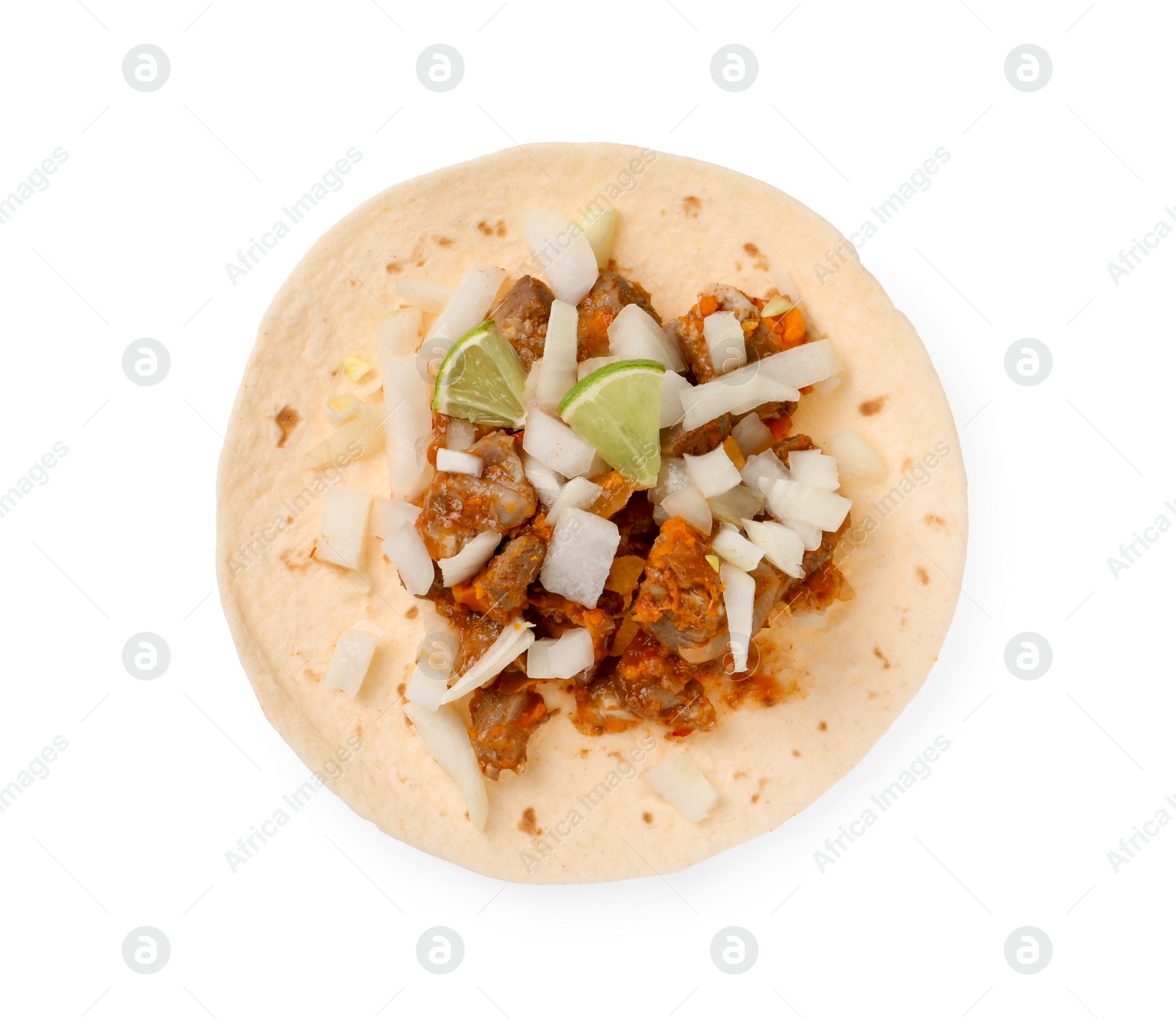 Photo of Delicious taco with vegetables, meat and lime isolated on white, top view
