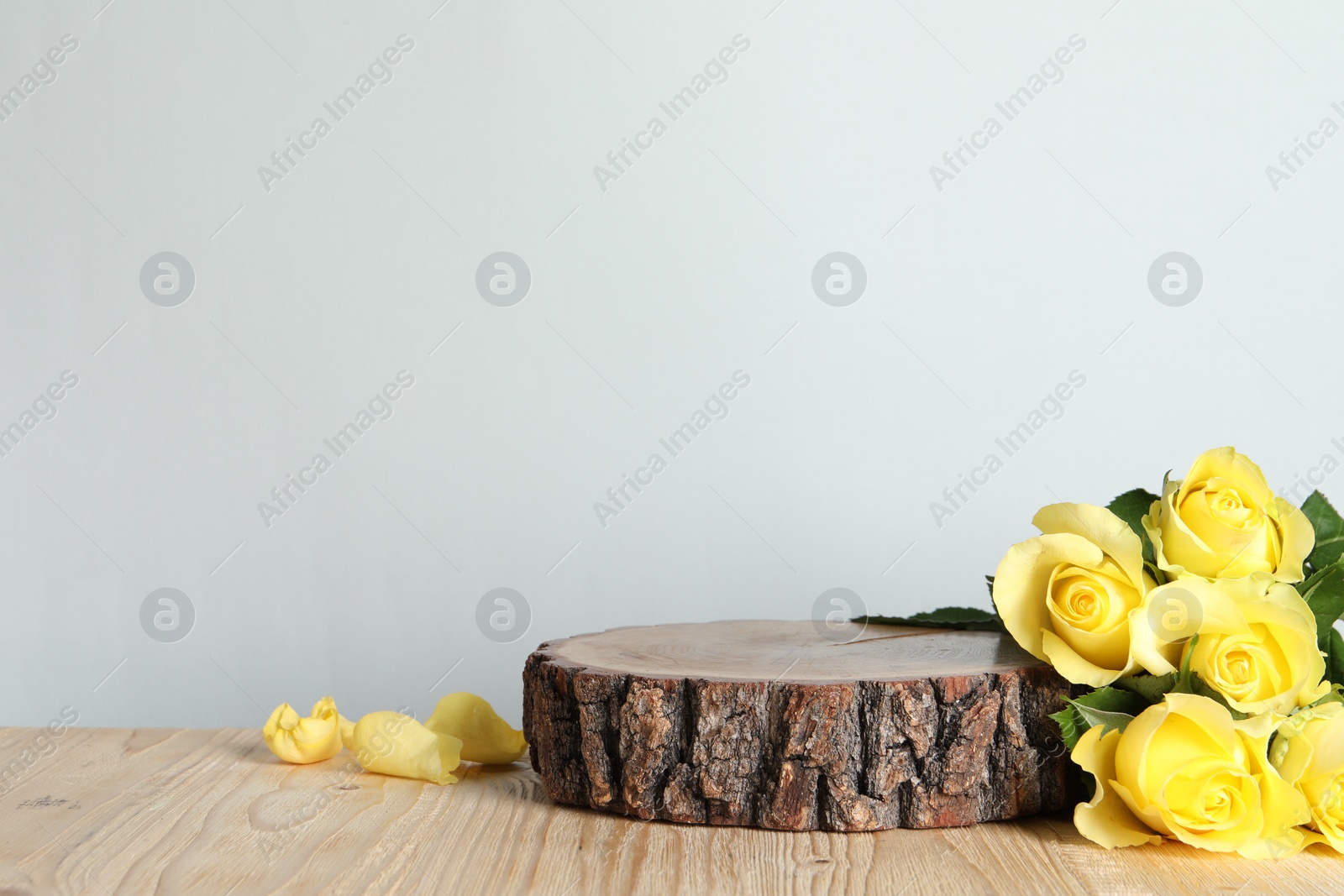 Photo of Beautiful presentation for product. Wooden stump and yellow roses on table against light grey background, space for text