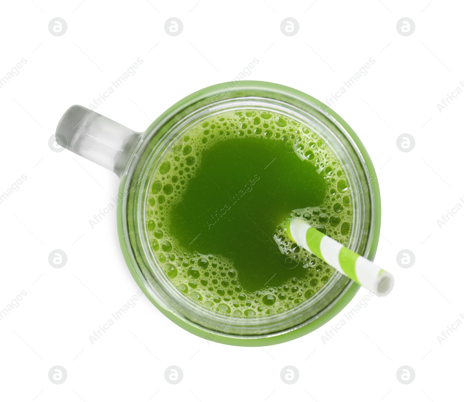 Photo of Fresh celery juice in mason jar on white background, top view