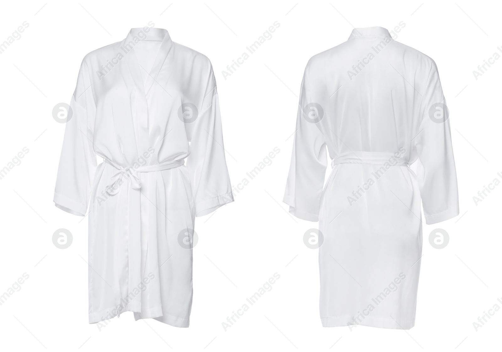 Image of Collage with clean silk bathrobe on white background, back and front views