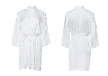 Collage with clean silk bathrobe on white background, back and front views