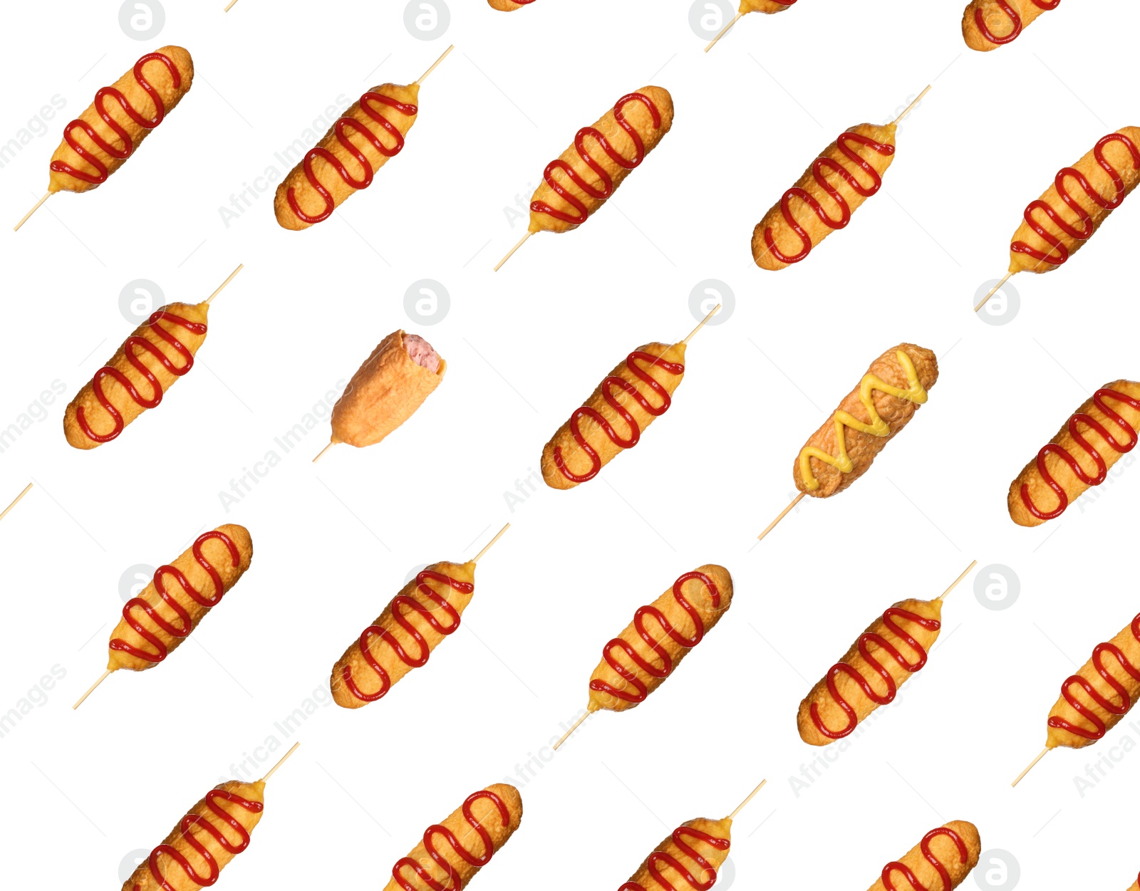 Image of Delicious deep fried corn dogs on white background, collage