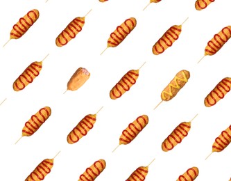 Delicious deep fried corn dogs on white background, collage