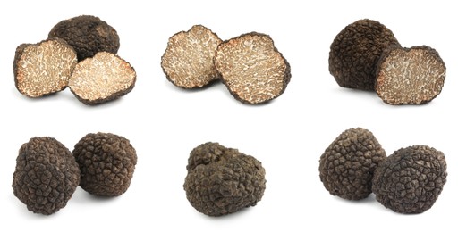 Image of Set with expensive delicious black truffles on white background. Banner design