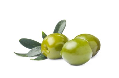 Photo of Delicious fresh green olives with leaves on white background