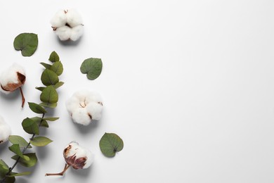 Photo of Fluffy cotton flowers and leaves on white background, flat lay. Space for text