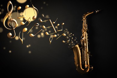 Image of Music notes and other musical symbols flowing from saxophone on black background