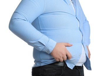Photo of Overweight man in tight shirt on white background, closeup