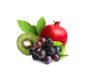 Image of Ripe juicy grapes, pomegranate and kiwi on white background