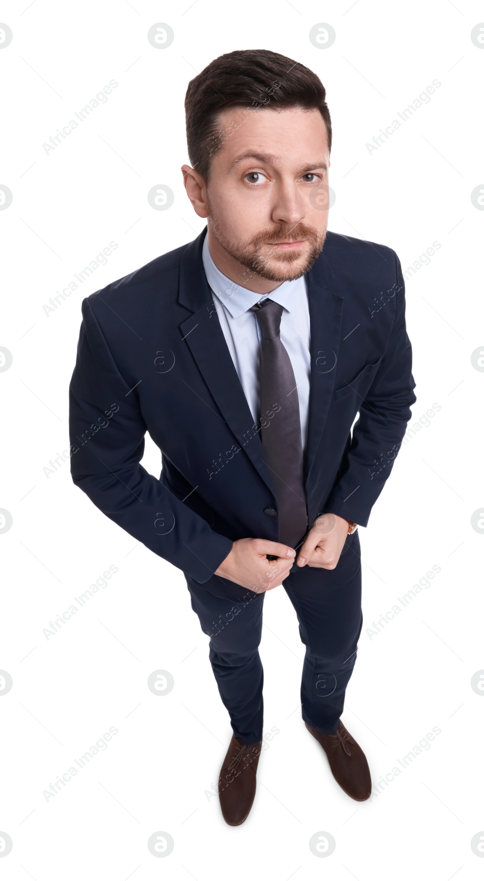 Photo of Handsome bearded businessman in suit on white background, above view