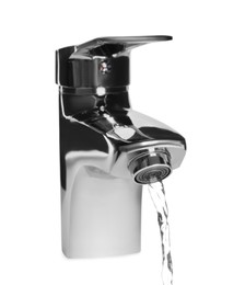 Image of Water stream flowing from tap on white background