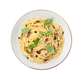 Photo of Delicious pasta with anchovies, olives and basil isolated on white, top view