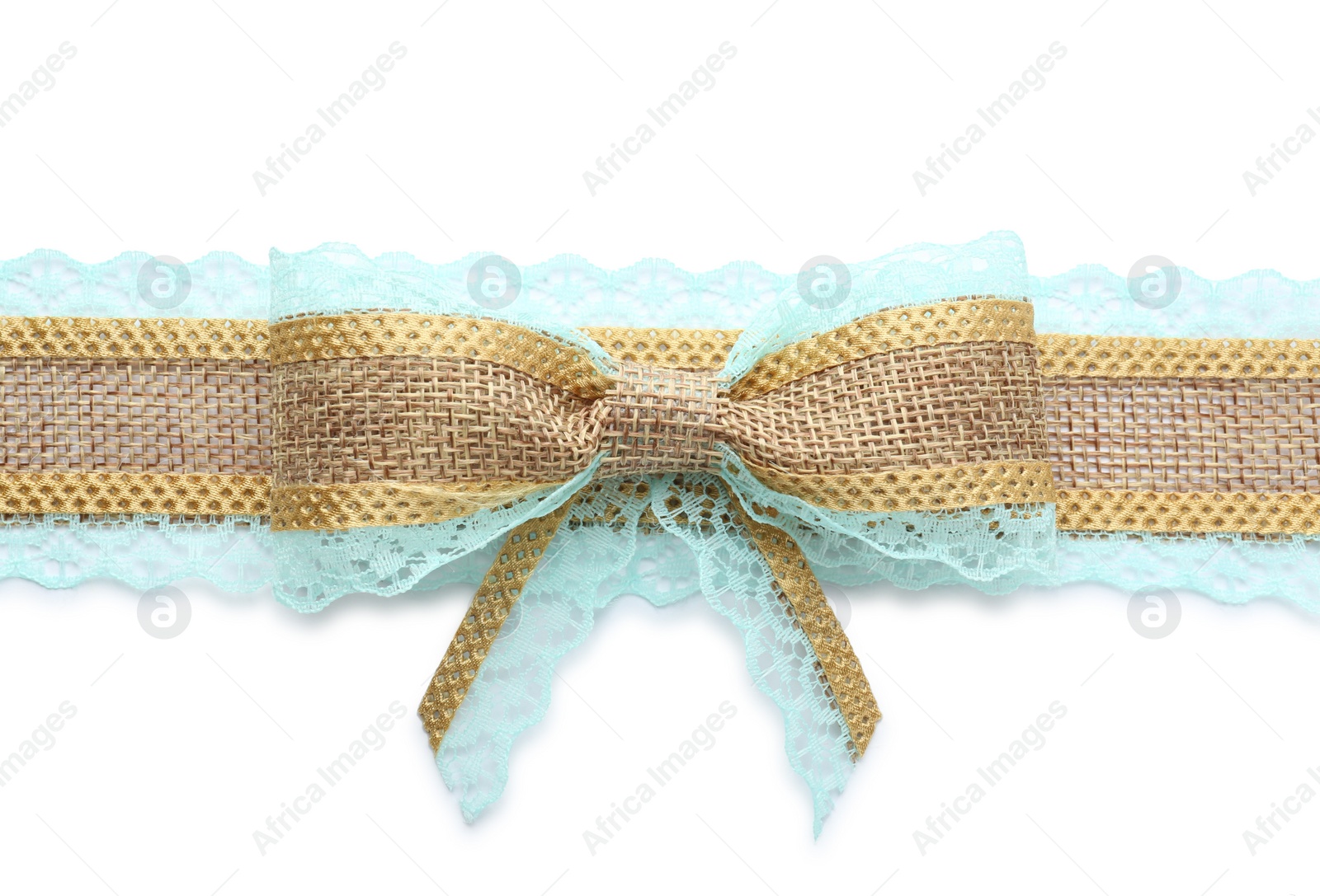 Photo of Burlap ribbon and bow with light blue lace on white background, top view