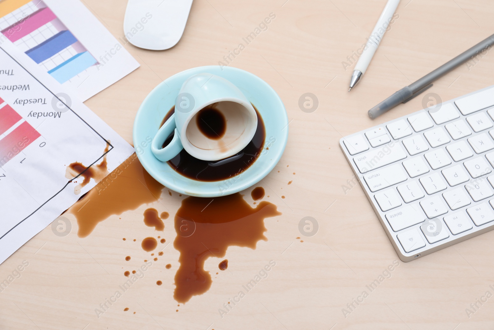 Photo of Cup with saucer and coffee spill on wooden office desk, above view