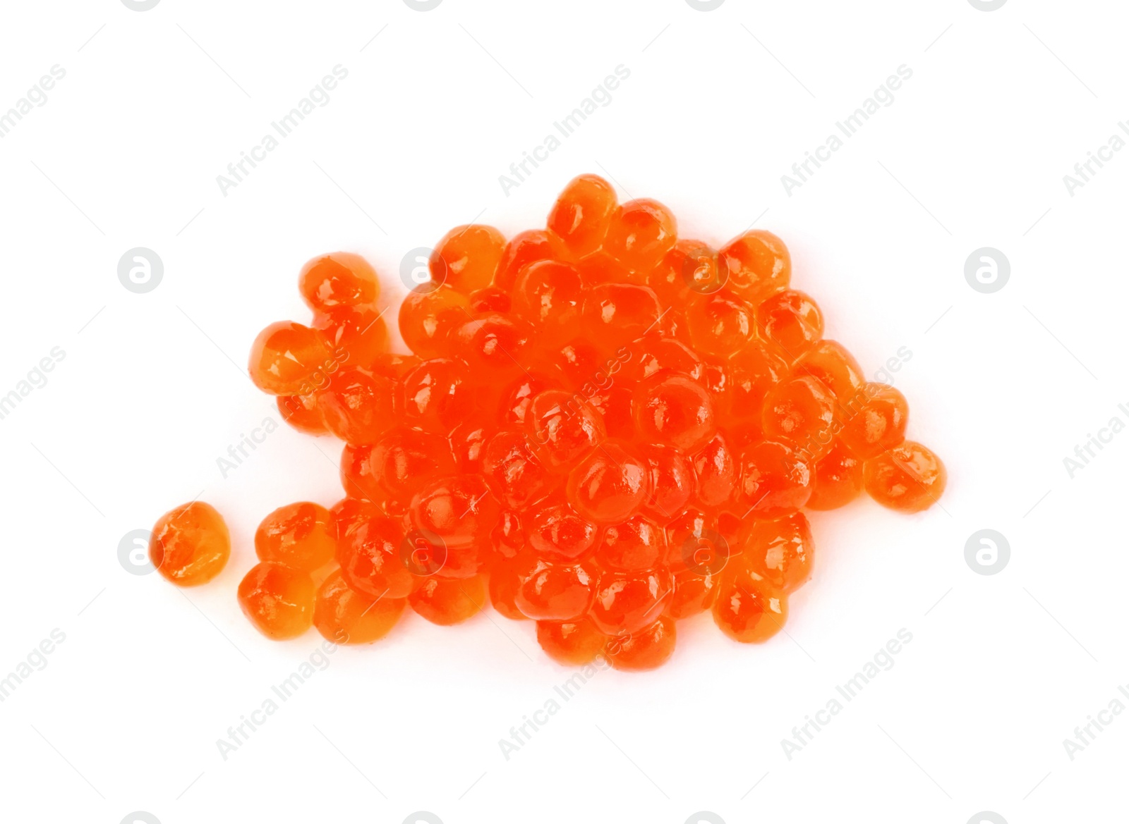 Photo of Pile of delicious red caviar isolated on white, top view