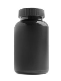 Photo of Black jar with protein powder isolated on white