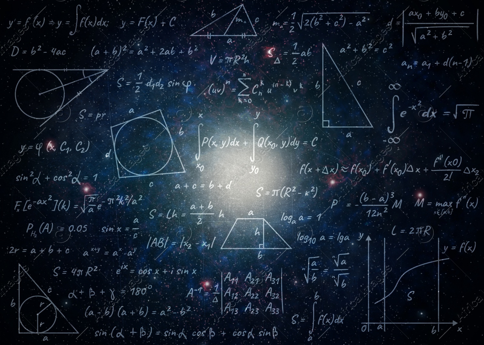 Illustration of  basic physics and mathematics formulas and galaxy in universe