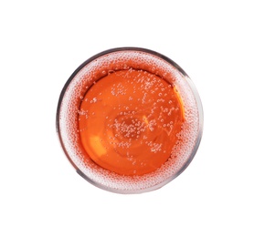 Photo of Glass of rose champagne isolated on white, top view