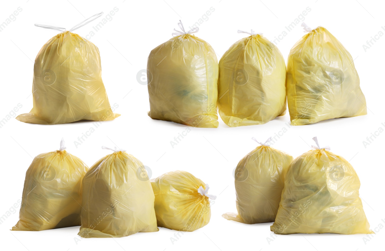 Set with yellow trash bags full of garbage on white background Image of Set with yellow trash bags full of garbage on white background