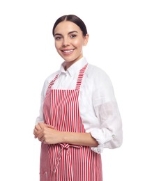 Photo of Young woman in red striped apron on white background