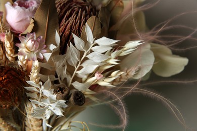 Photo of Beautiful elegant dried flower bouquet, closeup view