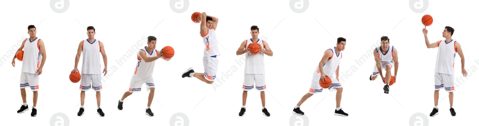 Image of Professional sportsman playing basketball on white background, collage. Banner design