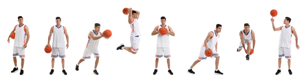 Image of Professional sportsman playing basketball on white background, collage. Banner design