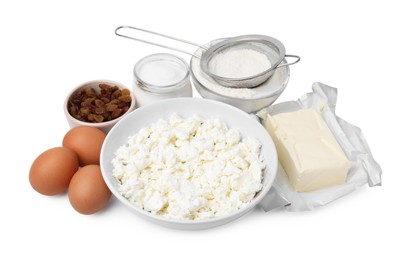 Photo of Different ingredients isolated on white. Cooking cottage cheese pancakes