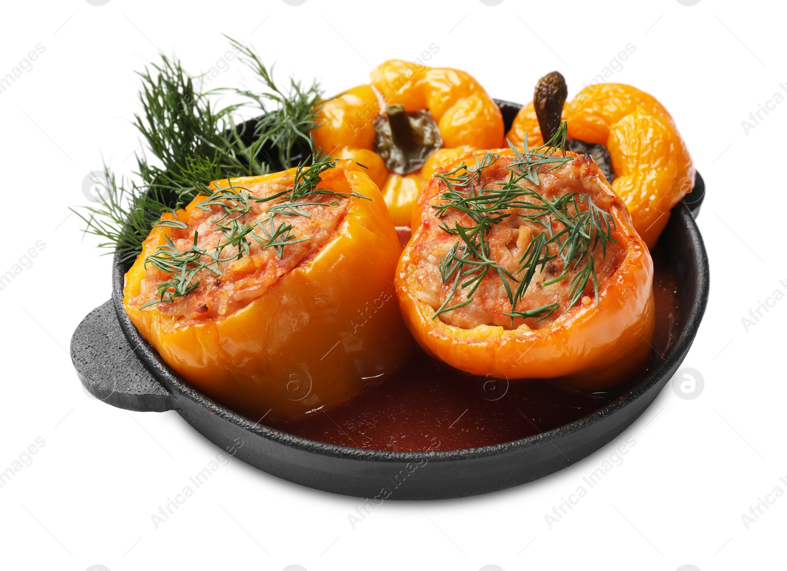 Photo of Tasty stuffed peppers and dill in pan isolated on white