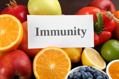 Card with word Immunity and fresh products, closeup