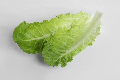 Photo of Fresh green leaves of romaine lettuce on white background