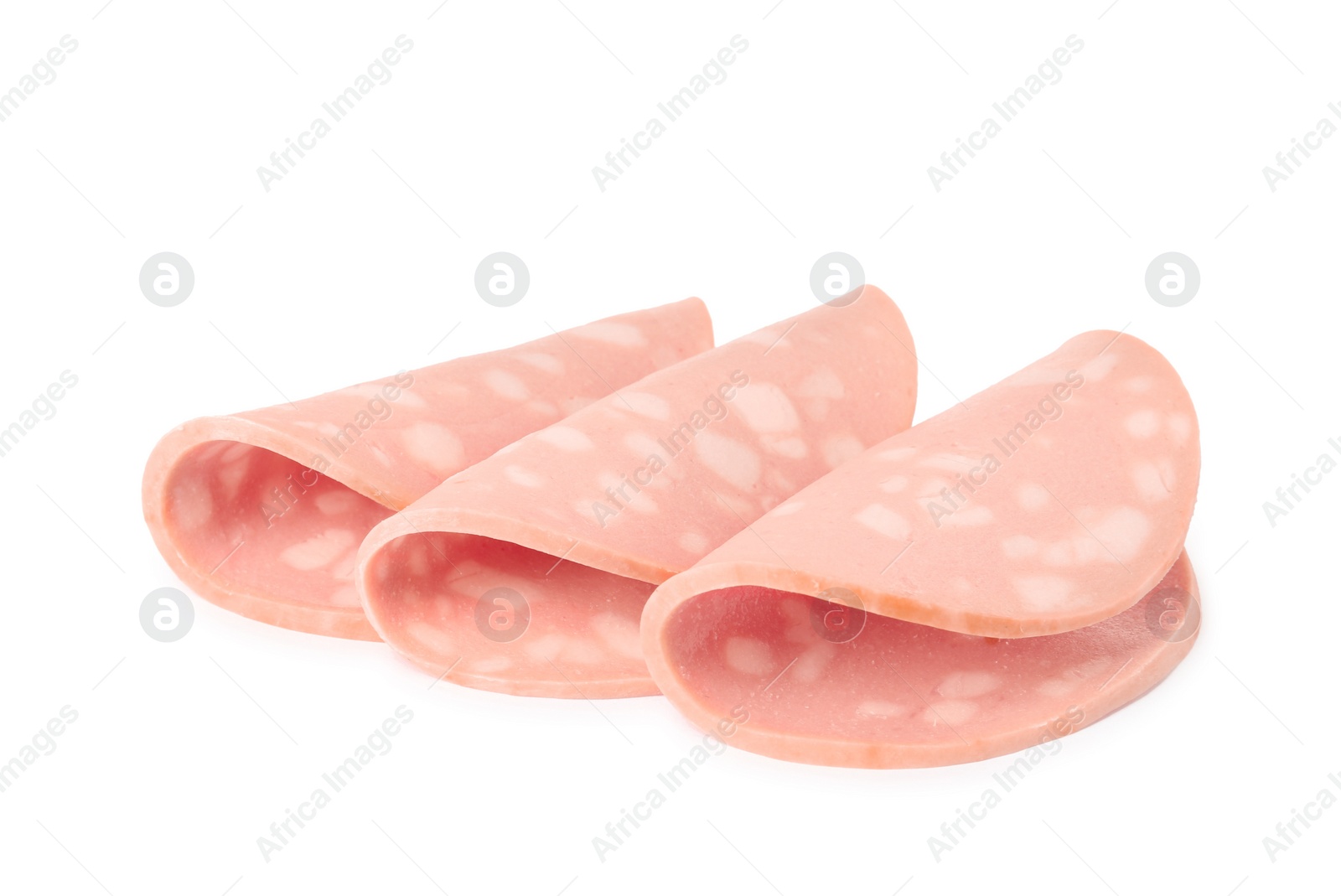 Photo of Slices of delicious boiled sausage on white background