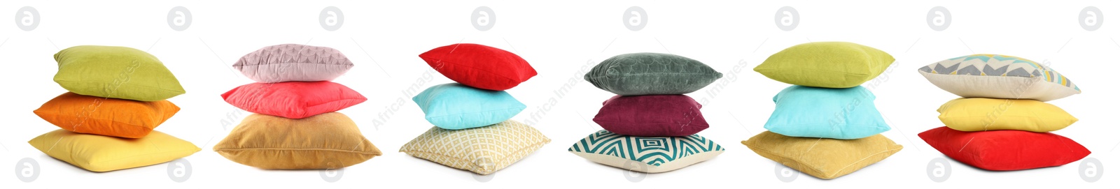 Image of Set with different stylish decorative pillows on white background. Banner design