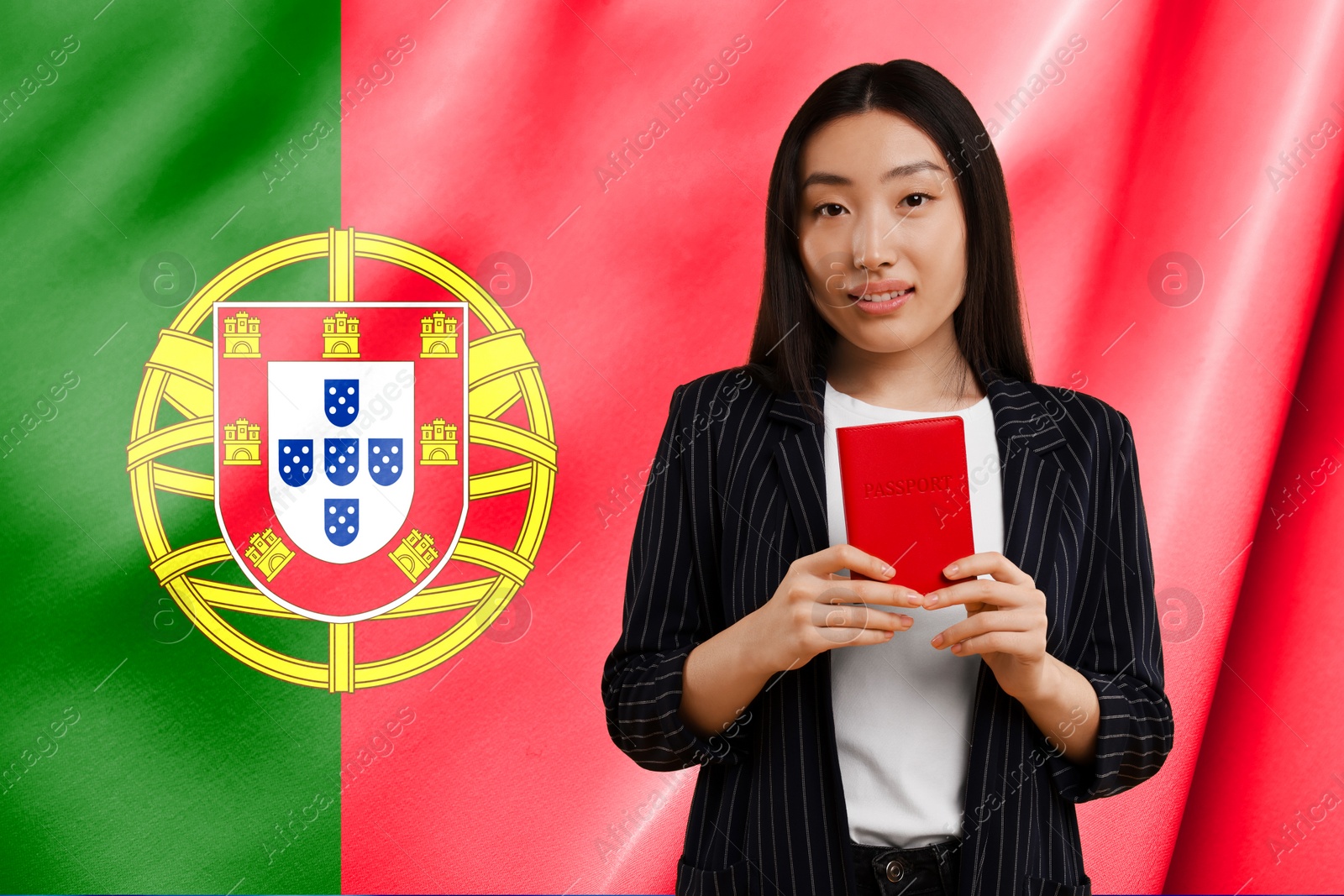 Image of Immigration. Woman with passport against national flag of Portugal, space for text