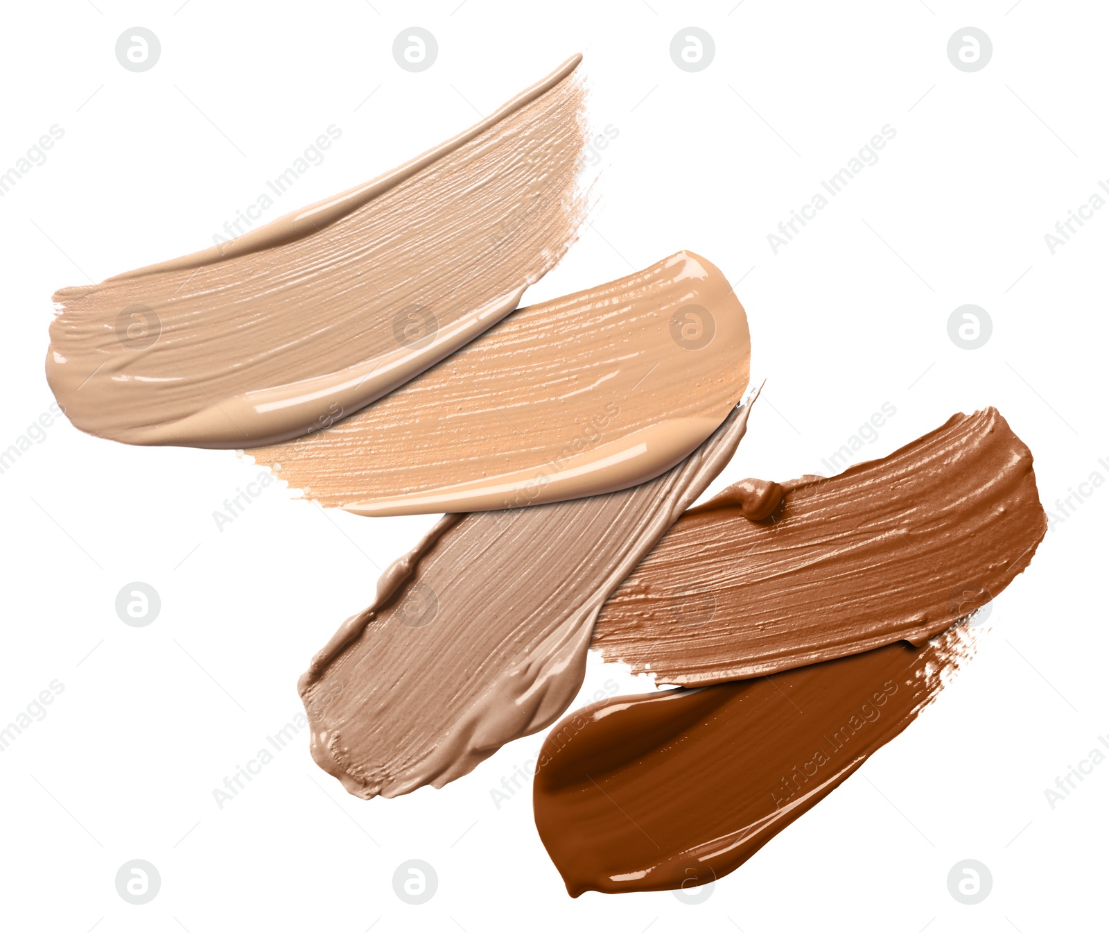 Image of Foundation of various shades for different skin tones isolated on white, top view. Set of samples