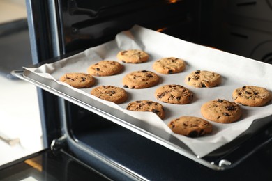 Baking delicious chocolate chip cookies in oven, closeup